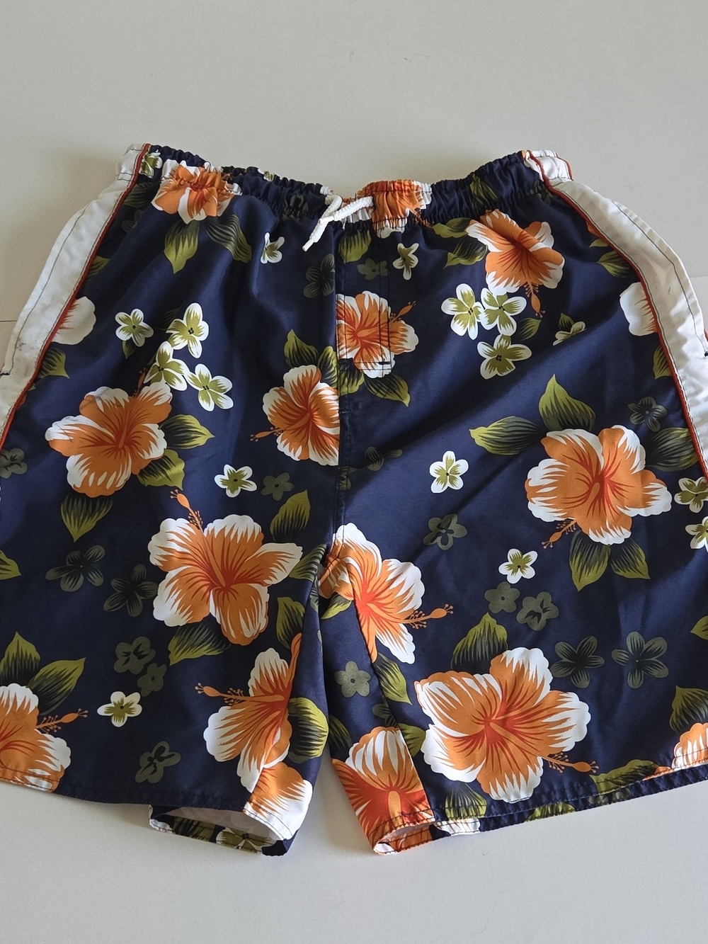Laguna Navy Floral Tropical Hawaii Swim Trunks with Orange Hibiscus Print Size L